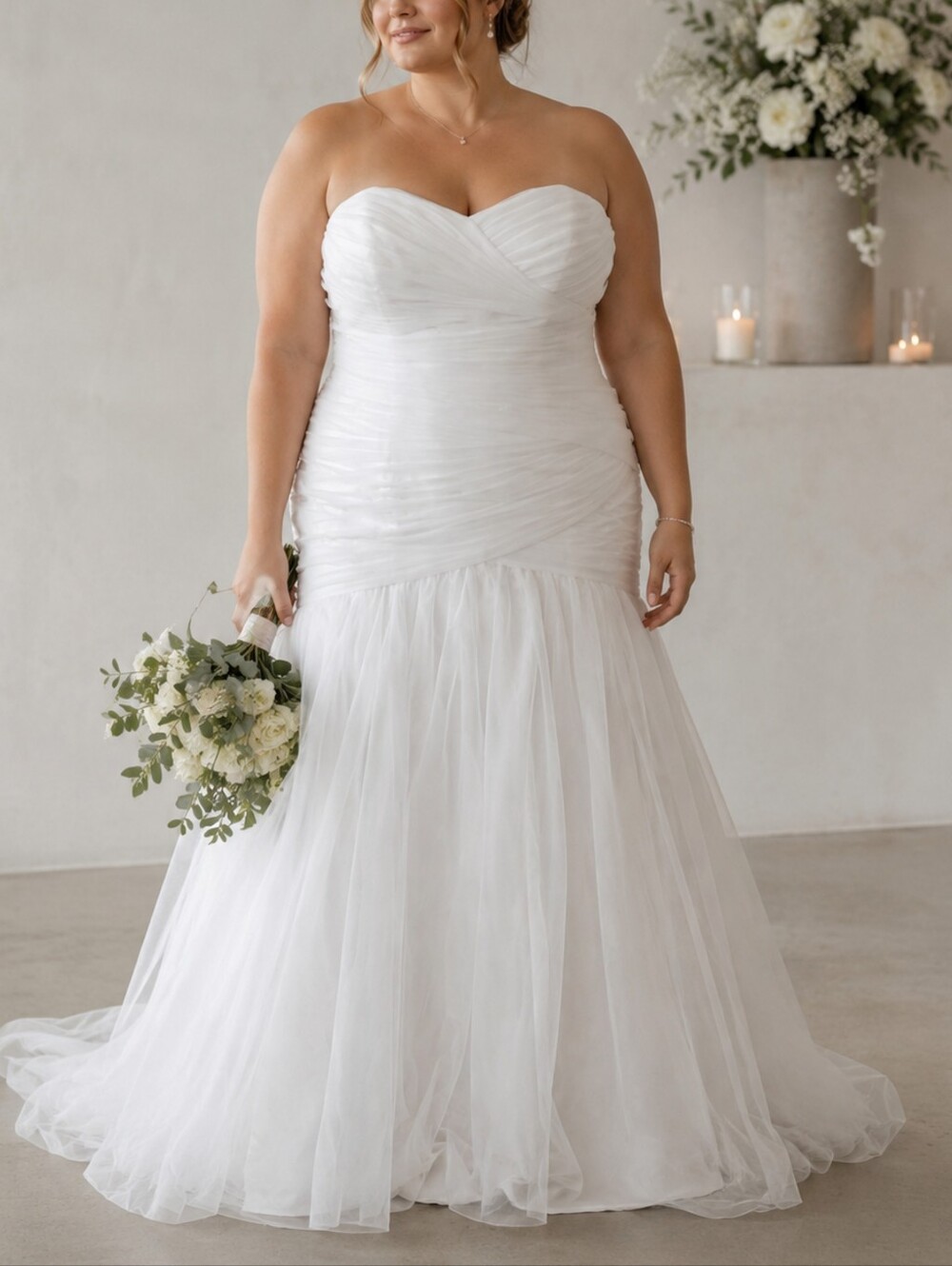 David's White Ruched Strapless Sweetheart Tulle Corset Back Wedding Dress sz 22